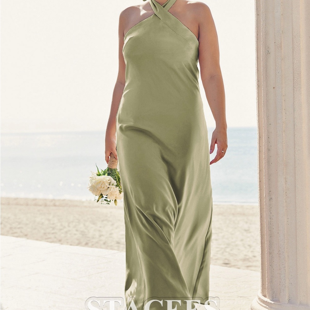Olive Green Halter Bridesmaid Dress